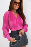 Pink V Neck Collared Button Pleated Shirt-Tops-MomFashion