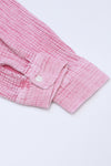 Pink Crinkle Textured Loose Henley Top-Tops-MomFashion