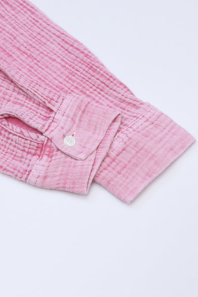 Pink Crinkle Textured Loose Henley Top-Tops-MomFashion