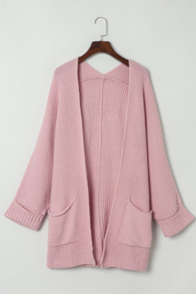 Pink Oversized Fold Over Sleeve Sweater Cardigan-Tops-MomFashion