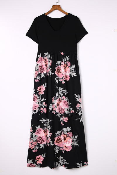 Black Contrast Floral Empire Waist Maxi Dress-Dresses-MomFashion