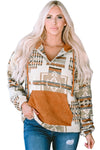 Beige Aztec Print Kangaroo Pocket Half-Zip Hoodie-Tops-MomFashion