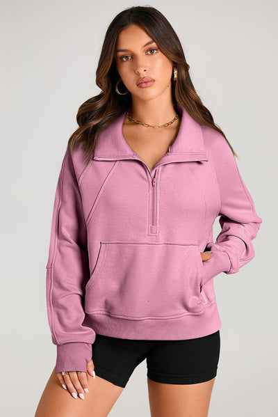 Valerian Quarter Zip Stand Neck Kangaroo Pocket Sweatshirt-Tops/Sweatshirts & Hoodies-MomFashion