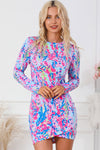 Sky Blue Floral Print Crossed Hem Long Sleeve Mini Dress-Dresses-MomFashion