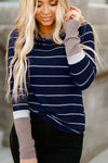 Blue Extend Color Block Cuffs Rib Knit Striped Pullover-Tops-MomFashion