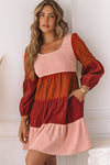 Corduroy Striped Square Neck Long Sleeve Dress-Dresses-MomFashion