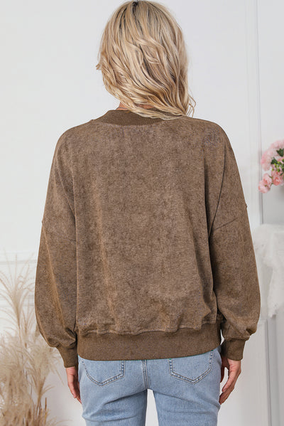 Brown Drop Shoulder Crew Neck Pullover Sweatshirt-Tops-MomFashion