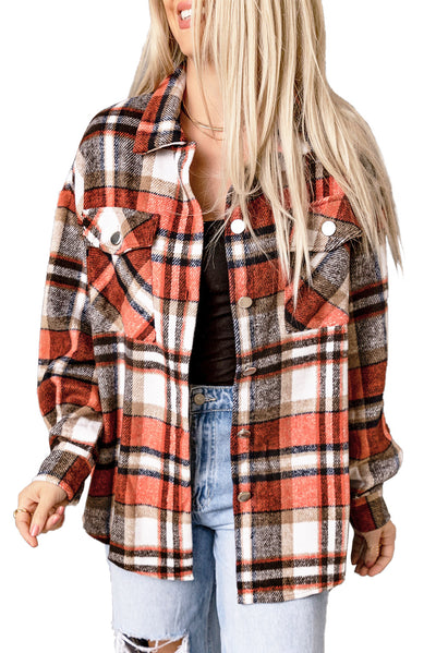 Orange Chest Pockets Flannel Plaid Shacket-Outerwear-MomFashion