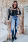 Black Sparkle Metallic Cut Out Long Sleeve Top-Tops-MomFashion