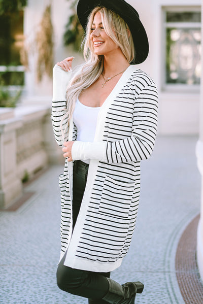 White Striped Side Pockets Open Front Cardigan-Tops-MomFashion