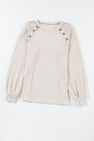 Parchment Contrast Lace Raglan Sleeve Buttoned Ribbed Top-Tops-MomFashion