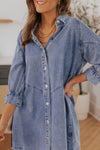 Sky Blue Buttoned Long Sleeve Denim Mini Dress-Dresses-MomFashion