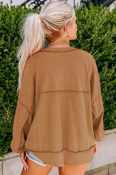 Chestnut Drop Shoulder Henley Buttons Sweatshirt-Tops-MomFashion