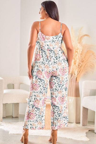 White Plus Size Floral Print Sleeveless Wide Leg Jumpsuit-Plus Size-MomFashion