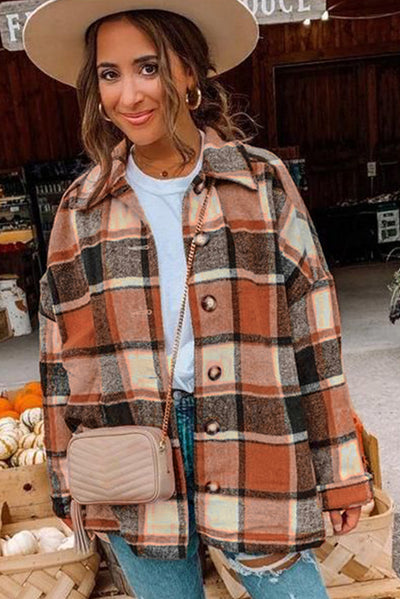 Orange Plaid Print Buttoned Shirt Jacket-Outerwear-MomFashion