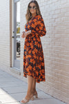 Orange Floral Print Faux Wrap Belted Dress-Dresses-MomFashion