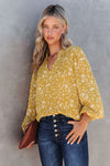 Yellow Split Neck Fall Printed Crinkled Blouse-Tops-MomFashion