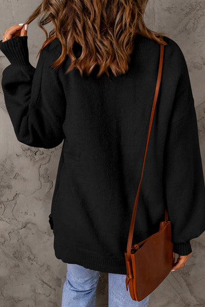 Black Solid Color Puffy Sleeve Pocketed Sweater-Tops-MomFashion