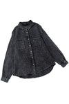 Black Mineral Wash Crinkle Textured Chest Pockets Shirt-Tops-MomFashion