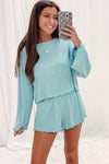 Sky Blue Long Sleeve Top & Shirred High Waist Shorts Set-Loungewear-MomFashion