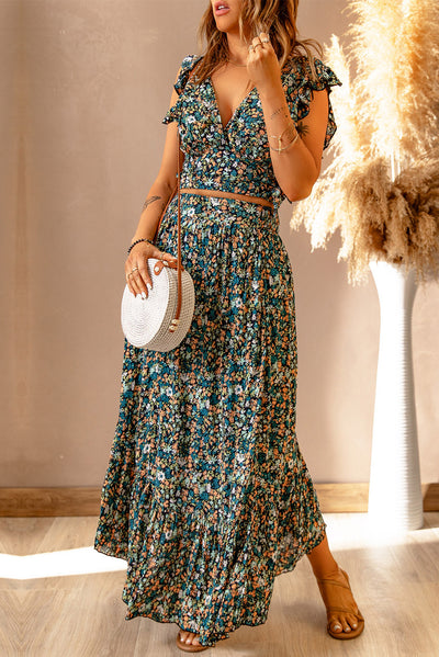 Multicolor Floral Ruffled Crop Top and Maxi Skirt Set-Dresses-MomFashion