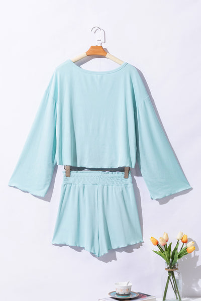 Sky Blue Long Sleeve Top & Shirred High Waist Shorts Set-Loungewear-MomFashion