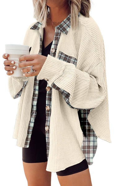 Apricot Plaid Patchwork Waffle Thermal Knit Shacket-Outerwear-MomFashion