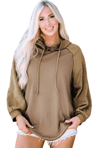 Khaki Waffled Expose Seam Drawstring Hoodie-Tops-MomFashion