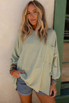 Green Ribbed Roll-tab Sleeve Chest Pocket Oversize Top-Tops-MomFashion