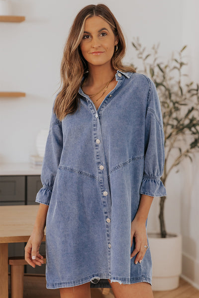 Sky Blue Buttoned Long Sleeve Denim Mini Dress-Dresses-MomFashion