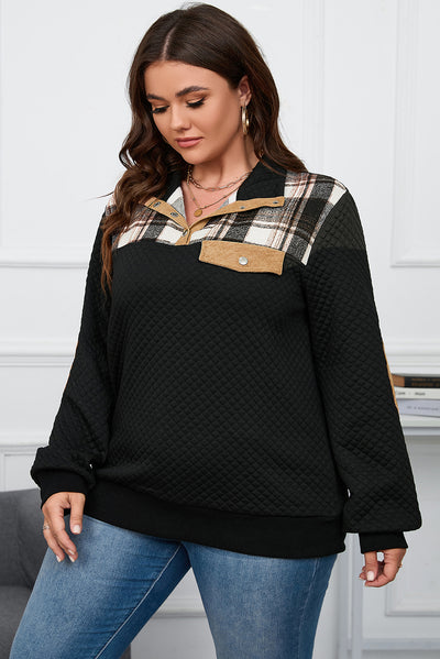 Black Plus Size Quilted Plaid Patch Henley Sweatshirt-Plus Size-MomFashion