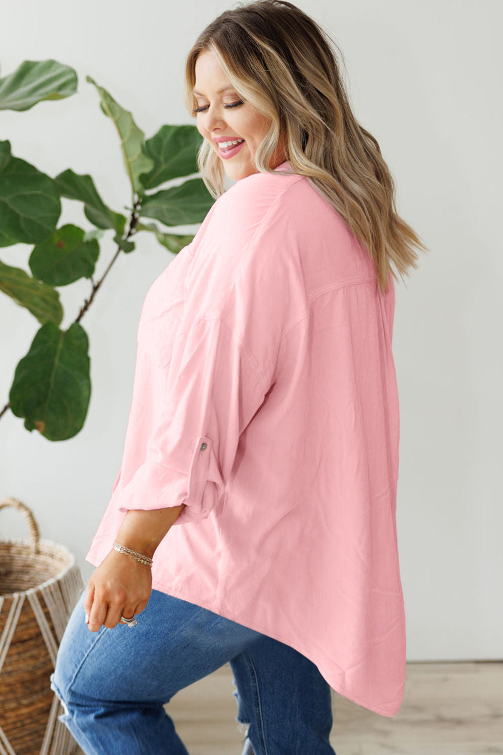 Pink Flap Pocket Tab Sleeve Button-Down Plus Size Shirt-Plus Size-MomFashion