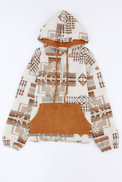 Beige Aztec Print Kangaroo Pocket Half-Zip Hoodie-Tops-MomFashion