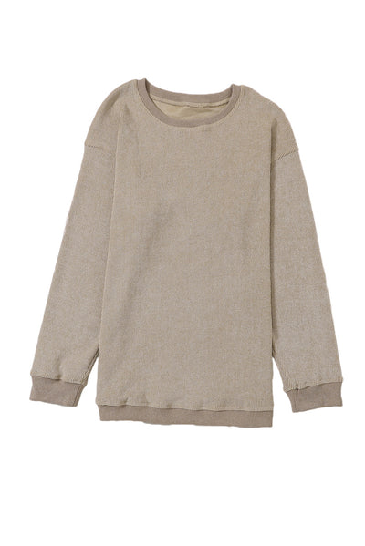 Khaki Solid Ribbed Knit Round Neck Pullover Sweatshirt-Tops-MomFashion