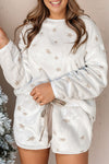 White Plus Size Plush Star Pattern Top and Shorts Set-Plus Size-MomFashion