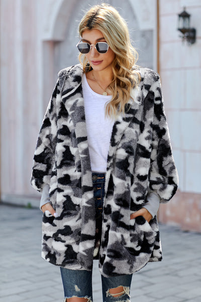 Gray Camo Print Soft Fleece Hooded Open Front Coat-Outerwear-MomFashion