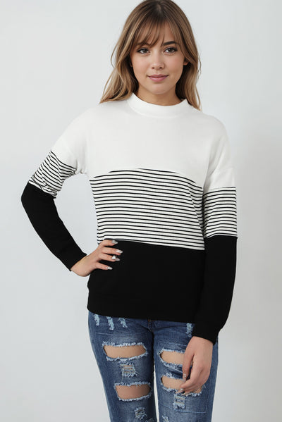 Black Striped Contrast Colorblock Knit Top-Tops-MomFashion