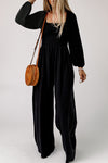 Black Smocked Square Neck Long Sleeve Wide Leg Jumpsuit-Bottoms-MomFashion