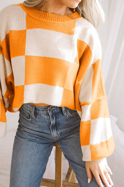 Orange Checkered Bishop Sleeve Sweater-Tops-MomFashion