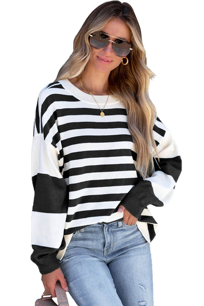 Black Stripe Drop Shoulder Striped Pullover Sweatshirt-Tops-MomFashion