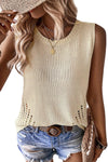 Beige Pointelle Detail Solid Color Knit Sweater Vest-Tops-MomFashion