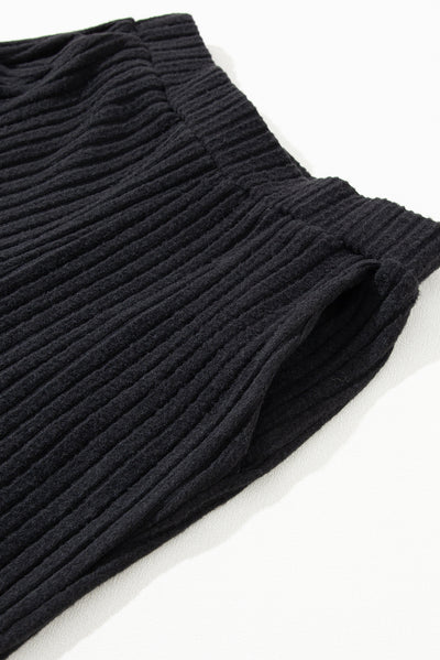 Black Ribbed Knit V Neck Slouchy Two-piece Outfit-Loungewear-MomFashion