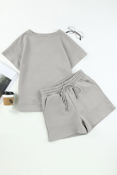 Gray 2pcs Solid Textured Drawstring Shorts Set-Loungewear-MomFashion