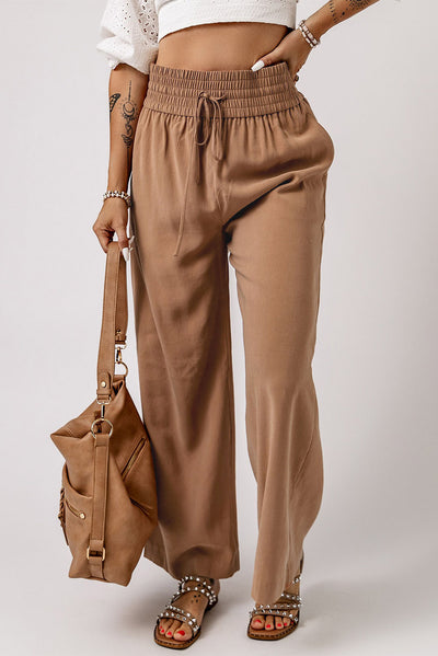 Brown Drawstring Elastic Waist Casual Wide Leg Pants-Bottoms-MomFashion