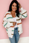 Beige Drop Shoulder Pocketed Stripe Sweater Cardigan-Tops-MomFashion