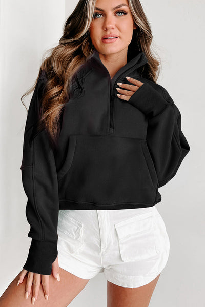 Black Zip Up Stand Collar Ribbed Thumbhole Sleeve Sweatshirt-Tops-MomFashion