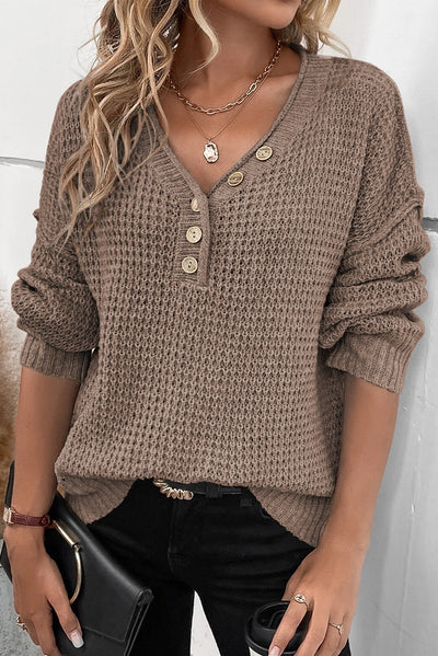 Khaki Pointelle Knit Button V Neck Drop Shoulder Sweater-Tops-MomFashion