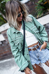 Mist Green Frayed Trim Riveted Denim Jacket-Outerwear-MomFashion