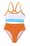 Orange Color Block Spaghetti Strap High Waist Bikini Swimsuit-Swimwear-MomFashion