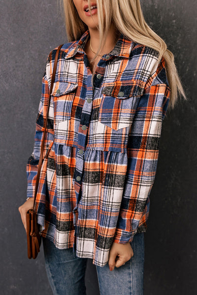 Multicolor Plaid Button Down Ruffled Shirt Jacket-Outerwear-MomFashion